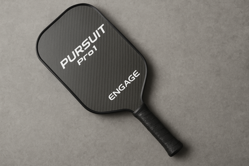Close-up of Engage Pursuit Pro1 elongated pickleball paddle on grey background