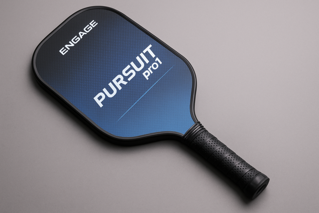 Engage Pursuit Pro1 hybrid pickleball paddle with blue carbon fiber face on grey background