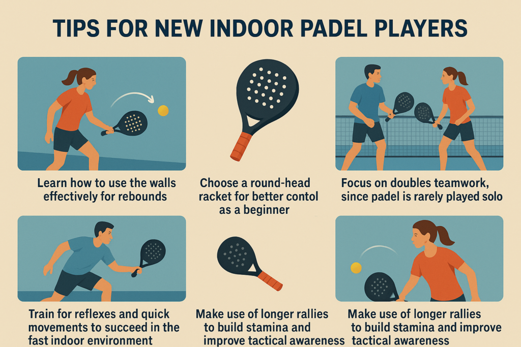 Infographic showing tips for new indoor padel players with illustrations of racket use, teamwork, reflex training, and rallies.