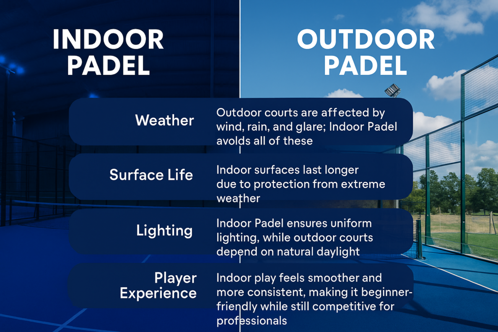 Infographic comparing Indoor Padel vs Outdoor Padel courts