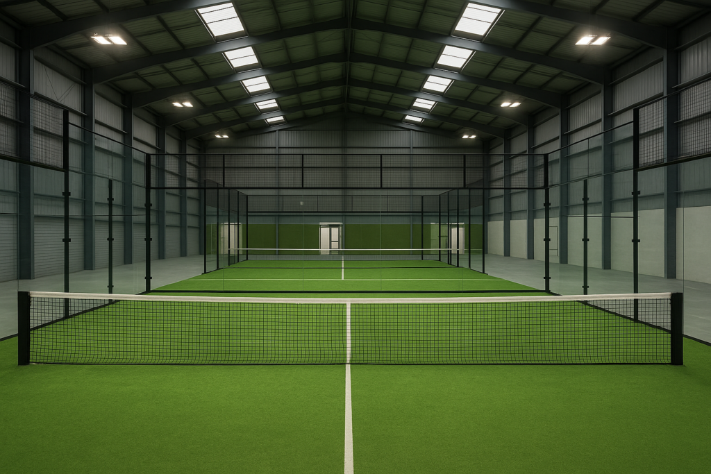 Indoor Padel court with glass walls and turf inside a modern facility