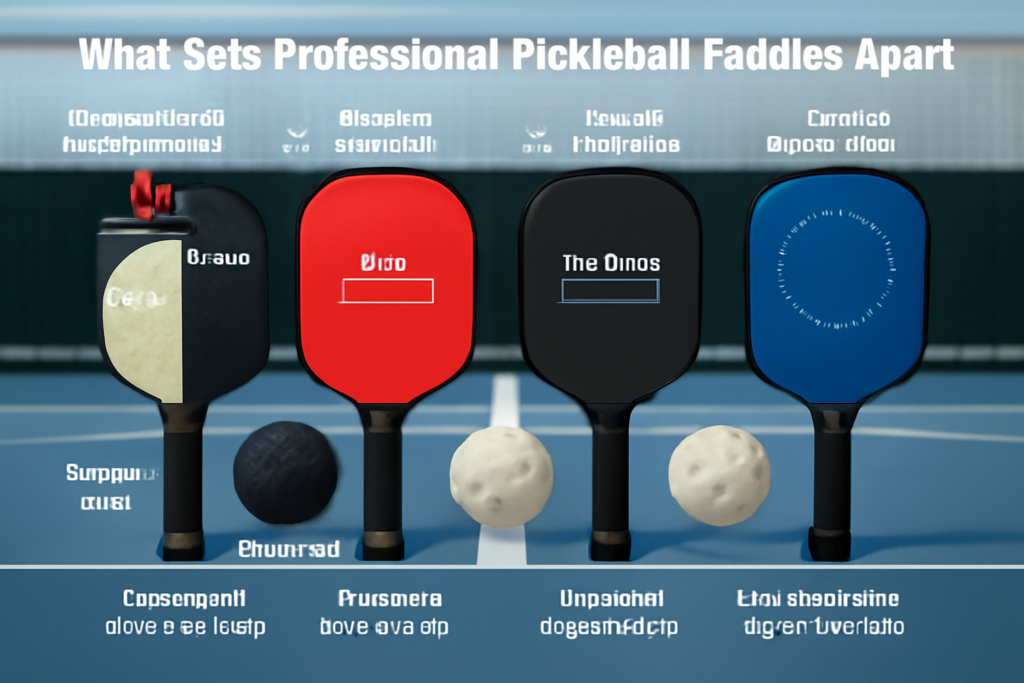 Infographic showing pro pickleball paddle materials, thickness, and sweet spot features