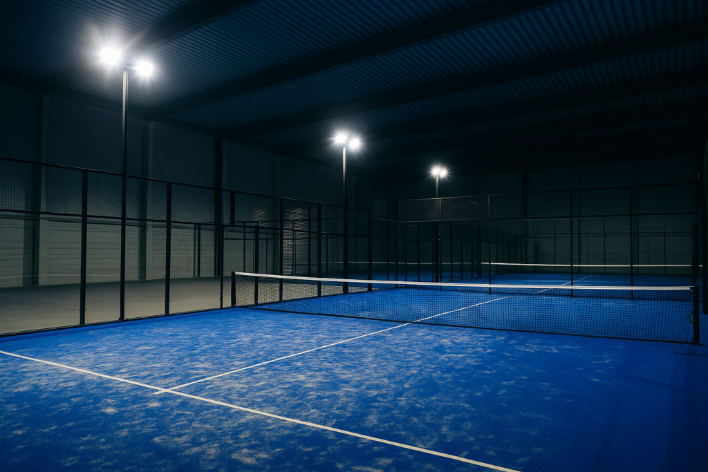 Indoor Padel court with LED floodlights and blue turf