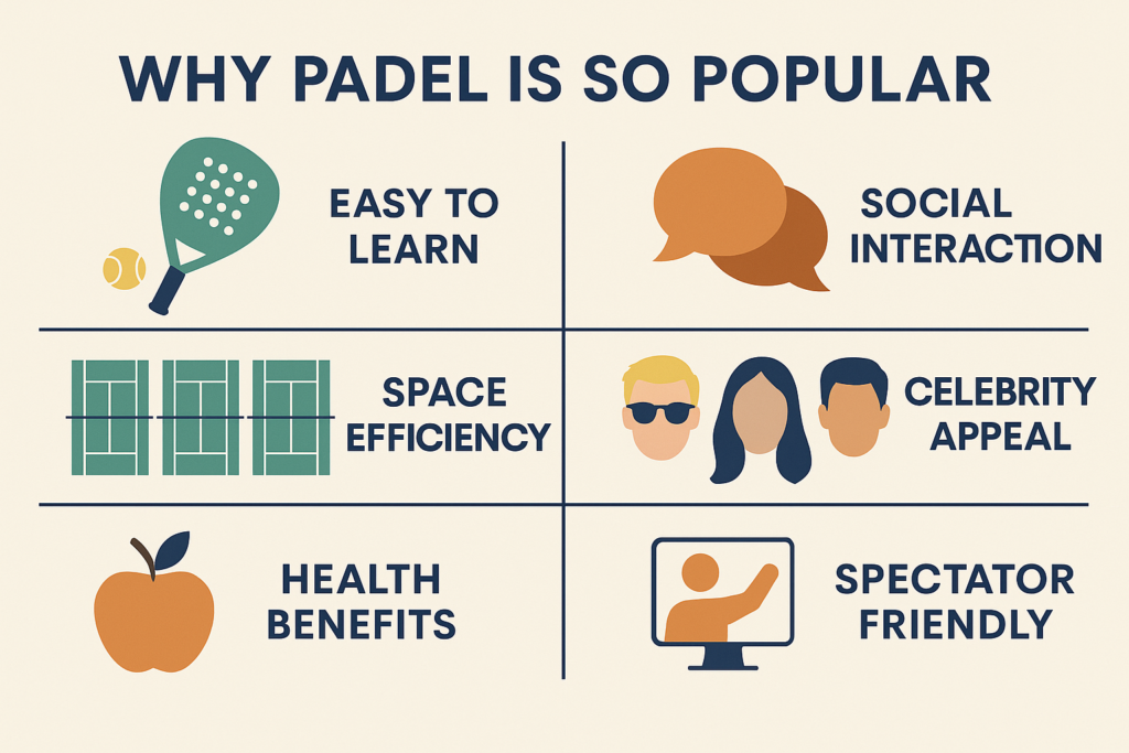 Infographic on why padel is popular worldwide.