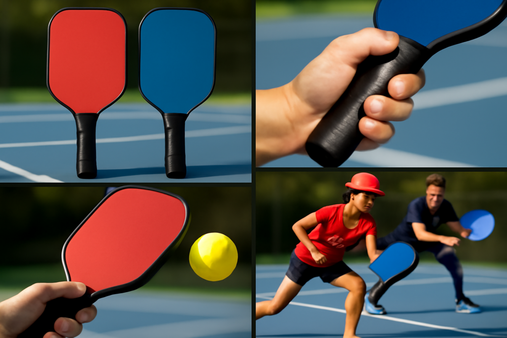 Professional pickleball paddles with close-up details and players performing precise shots on court