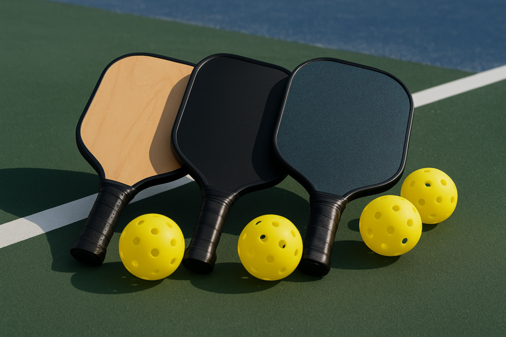 pickleball paddles and balls on outdoor court