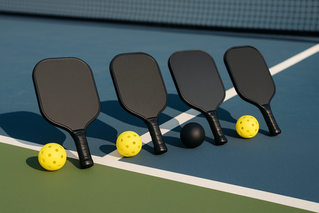 pickleball paddles and balls on outdoor court