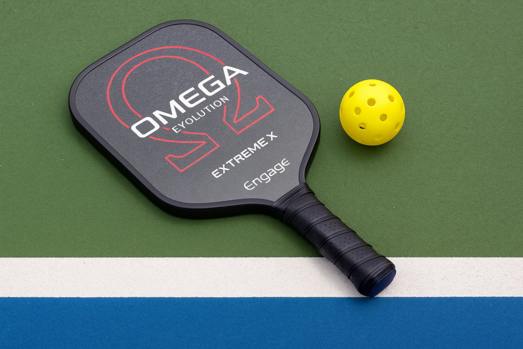 Engage Omega Evolution Extreme X pickleball paddle with yellow ball on court