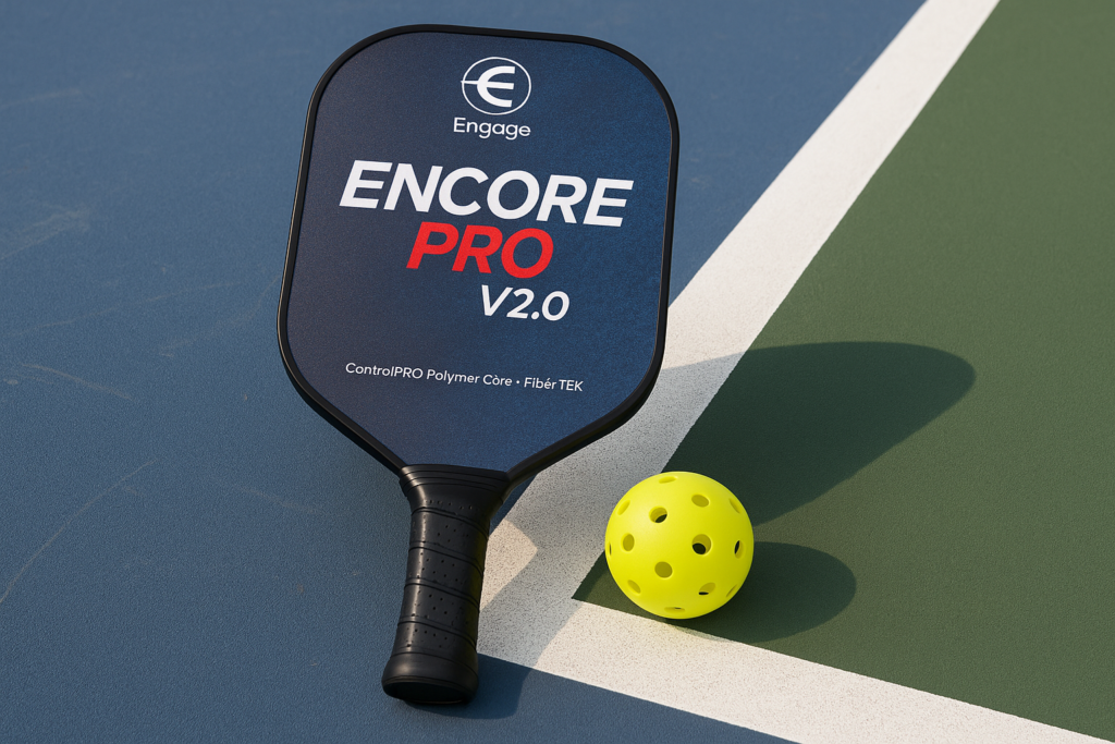 Engage Encore Pro V2.0 pickleball paddle with yellow ball on court