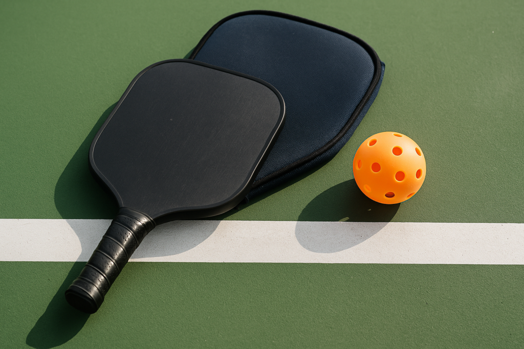 pickleball paddle with cover and ball on outdoor court