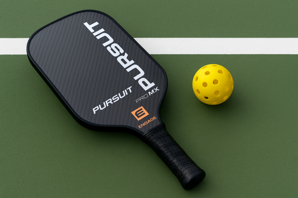 Engage Pursuit Pro MX elongated pickleball paddle with yellow ball on court