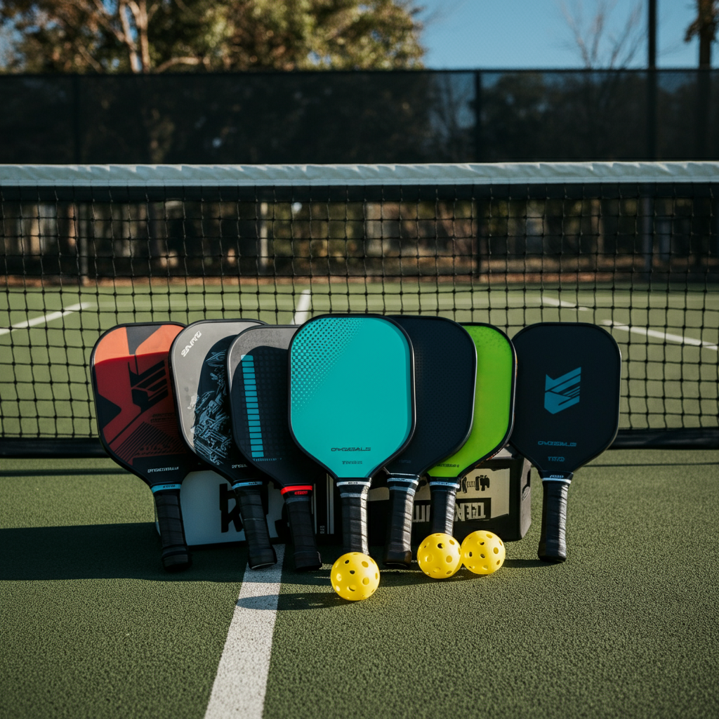 A selection of Pickleball Paddles arranged on a court, emphasizing variety and affordability.