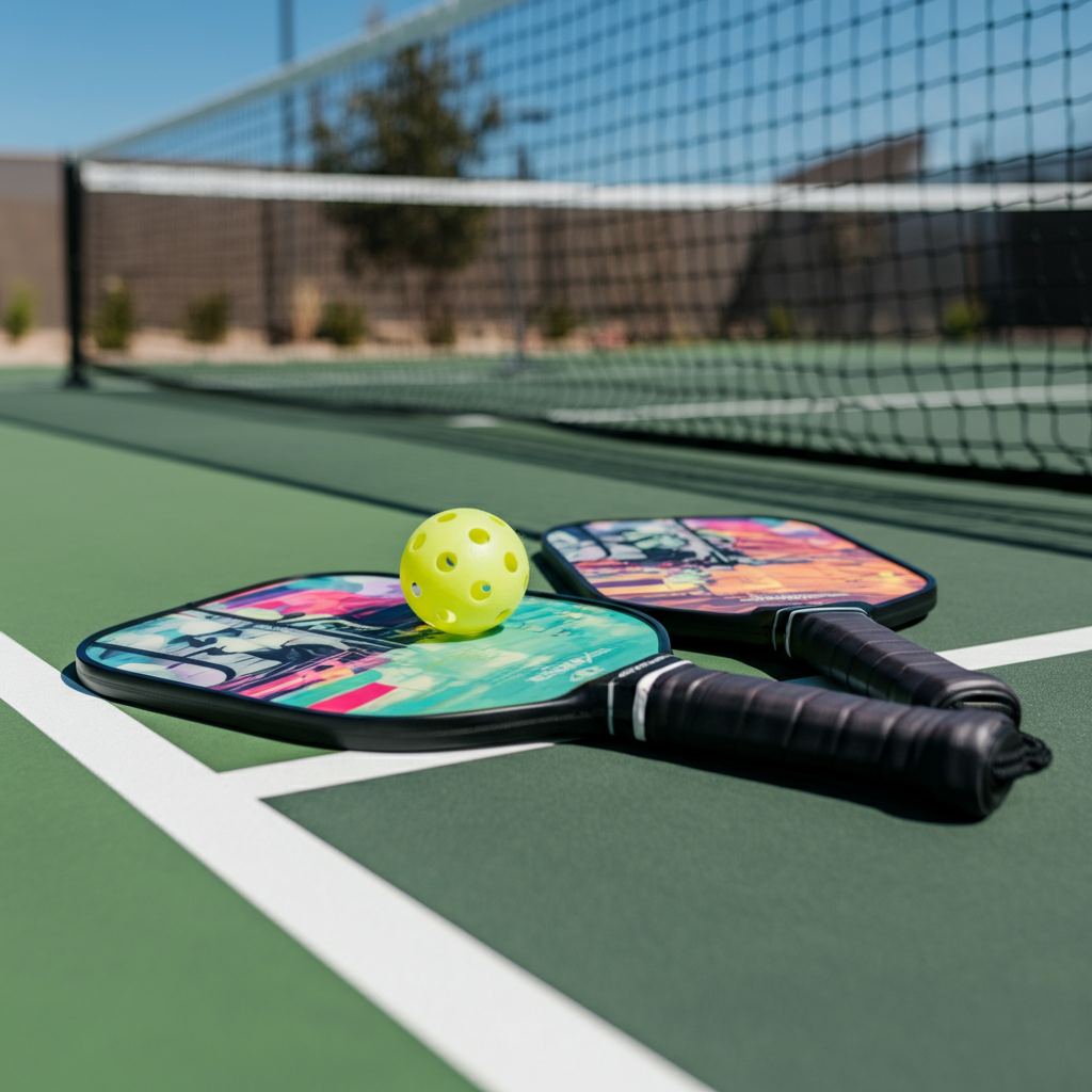 Pickleball court with paddles and ball