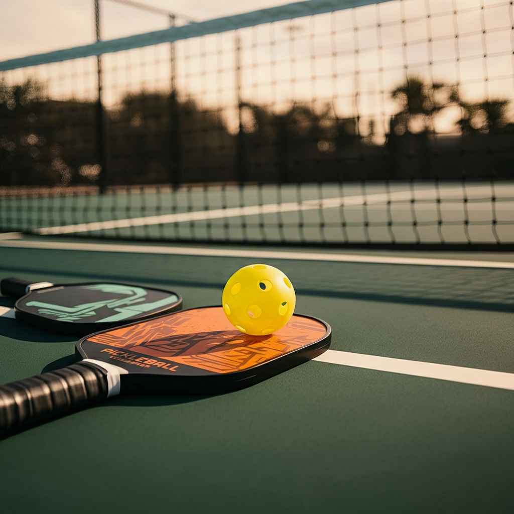 Pickleball paddle and ball on a court with warm colors