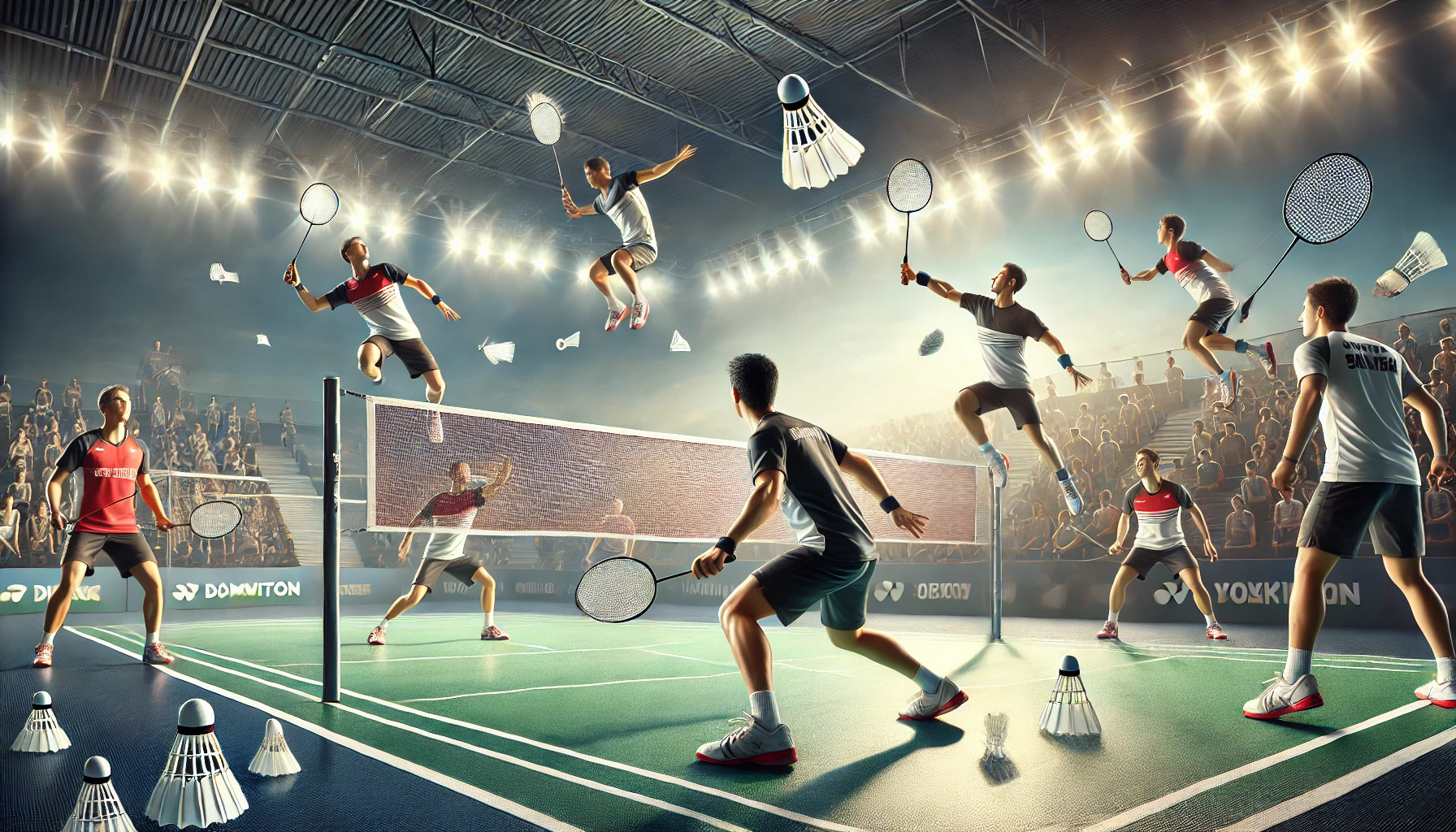 A badminton player demonstrating key shots—clear, drive, drop, and smash—on a professional indoor court, with dynamic poses and accurate court markings.