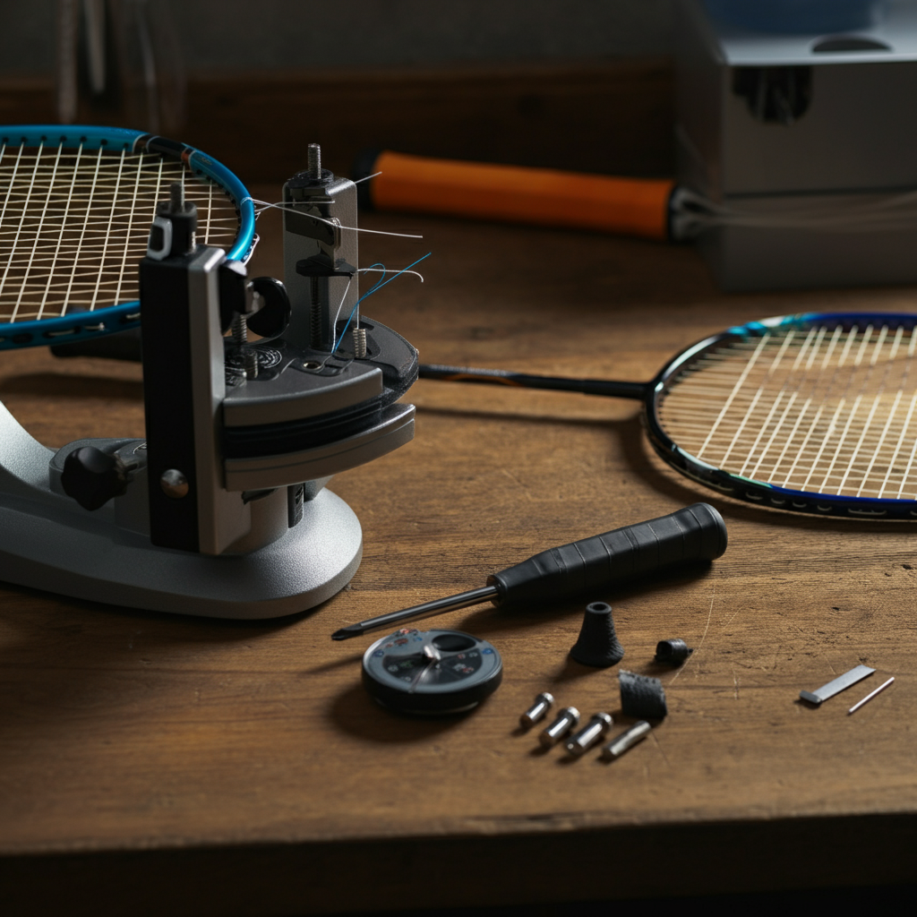 Tools for badminton racket repair arranged on a wooden workbench.