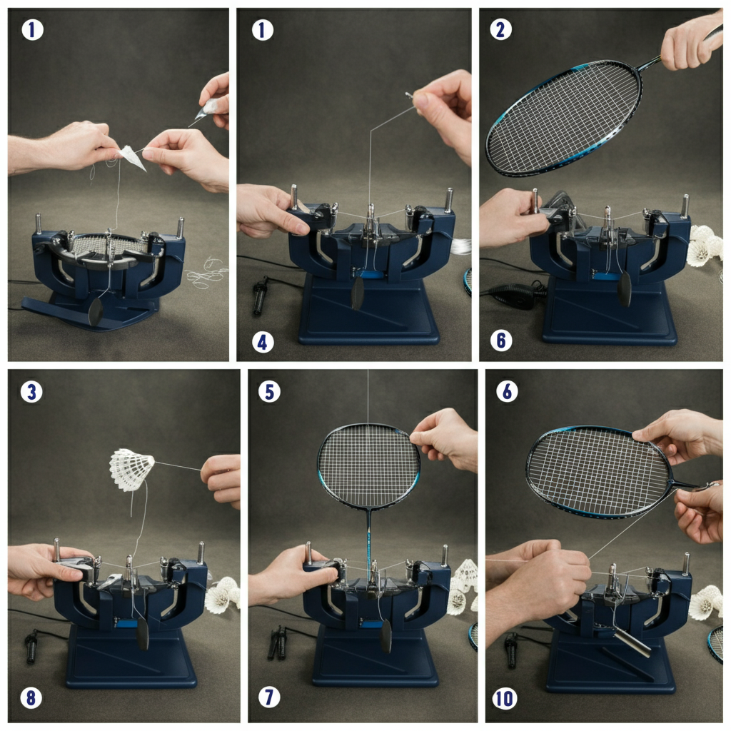 Step-by-step guide for restringing a badminton racket, showing each stage of the process.