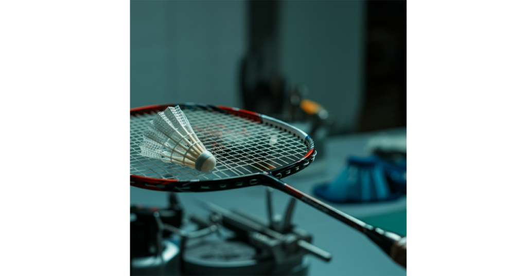 Badminton racket with tools in a workshop setting, symbolizing repair and maintenance.