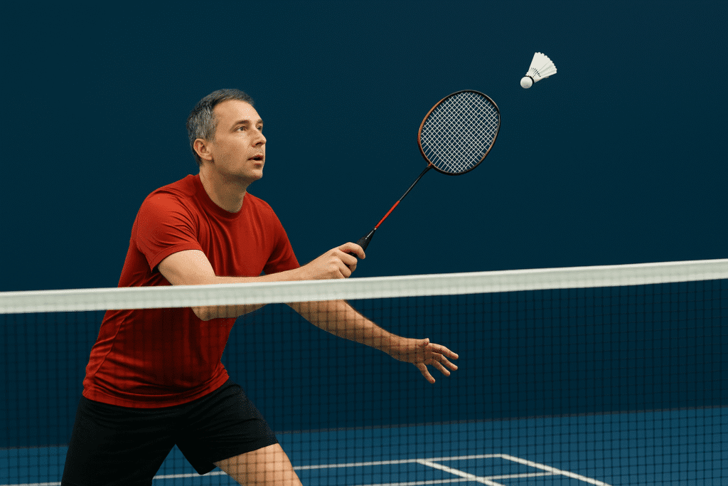 Badminton game player in action behind net hitting shuttlecock during badminton sports rally on indoor court