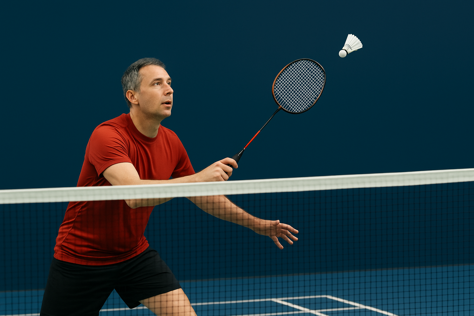 Badminton game player in action behind net hitting shuttlecock during badminton sports rally on indoor court