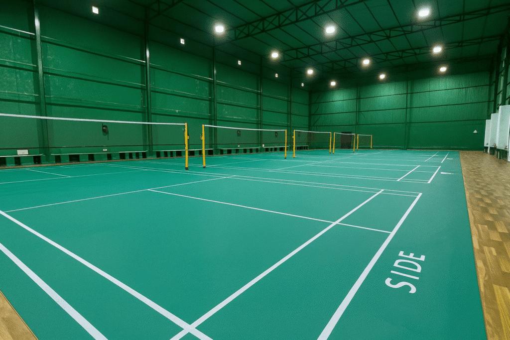 indoor badminton court with green flooring and bright lighting